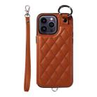 For iPhone 14 Pro Max Rhombic Texture Card Bag Phone Case with Short Lanyard(Brown) - 1