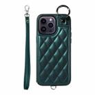 For iPhone 14 Pro Max Rhombic Texture Card Bag Phone Case with Short Lanyard(Green) - 1