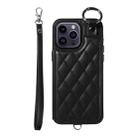 For iPhone 14 Pro Max Rhombic Texture Card Bag Phone Case with Short Lanyard(Black) - 1