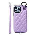 For iPhone 13 Pro Max Rhombic Texture Card Bag Phone Case with Short Lanyard(Purple) - 1