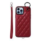For iPhone 13 Pro Max Rhombic Texture Card Bag Phone Case with Short Lanyard(Wine Red) - 1