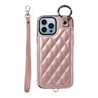 For iPhone 13 Pro Max Rhombic Texture Card Bag Phone Case with Short Lanyard(Rose Gold) - 1