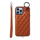 For iPhone 13 Pro Max Rhombic Texture Card Bag Phone Case with Short Lanyard(Brown) - 1