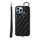 For iPhone 13 Pro Max Rhombic Texture Card Bag Phone Case with Short Lanyard(Black) - 1