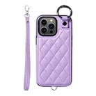 For iPhone 13 Pro Rhombic Texture Card Bag Phone Case with Short Lanyard(Purple) - 1