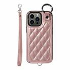 For iPhone 13 Pro Rhombic Texture Card Bag Phone Case with Short Lanyard(Rose Gold) - 1