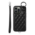 For iPhone 13 Pro Rhombic Texture Card Bag Phone Case with Short Lanyard(Black) - 1