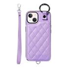 For iPhone 13 Rhombic Texture Card Bag Phone Case with Short Lanyard(Purple) - 1