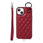 For iPhone 13 Rhombic Texture Card Bag Phone Case with Short Lanyard(Wine Red) - 1