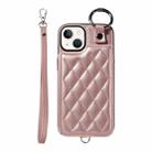 For iPhone 13 Rhombic Texture Card Bag Phone Case with Short Lanyard(Rose Gold) - 1