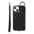 For iPhone 13 Rhombic Texture Card Bag Phone Case with Short Lanyard(Black) - 1