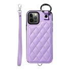 For iPhone 12 / 12 Pro Rhombic Texture Card Bag Phone Case with Short Lanyard(Purple) - 1
