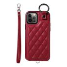 For iPhone 12 / 12 Pro Rhombic Texture Card Bag Phone Case with Short Lanyard(Wine Red) - 1