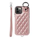 For iPhone 12 / 12 Pro Rhombic Texture Card Bag Phone Case with Short Lanyard(Rose Gold) - 1