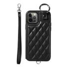 For iPhone 12 / 12 Pro Rhombic Texture Card Bag Phone Case with Short Lanyard(Black) - 1