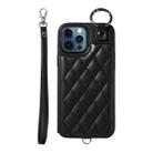 For iPhone 12 Pro Max Rhombic Texture Card Bag Phone Case with Short Lanyard(Black) - 1