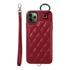 For iPhone 11 Pro Max Rhombic Texture Card Bag Phone Case with Short Lanyard(Wine Red) - 1