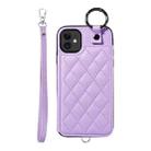 For iPhone 11 Rhombic Texture Card Bag Phone Case with Short Lanyard(Purple) - 1