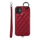 For iPhone 11 Rhombic Texture Card Bag Phone Case with Short Lanyard(Wine Red) - 1