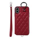 For iPhone XS / X Rhombic Texture Card Bag Phone Case with Short Lanyard(Wine Red) - 1