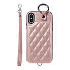 For iPhone XS / X Rhombic Texture Card Bag Phone Case with Short Lanyard(Rose Gold) - 1