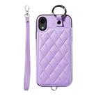 For iPhone XR Rhombic Texture Card Bag Phone Case with Short Lanyard(Purple) - 1