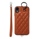 For iPhone XR Rhombic Texture Card Bag Phone Case with Short Lanyard(Brown) - 1
