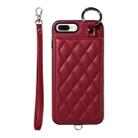 For iPhone 8 Plus / 7 Plus Rhombic Texture Card Bag Phone Case with Short Lanyard(Wine Red) - 1