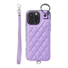 For iPhone 16 Pro Max Rhombic Texture Card Bag Phone Case with Short Lanyard(Purple) - 1