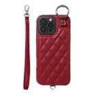 For iPhone 16 Pro Max Rhombic Texture Card Bag Phone Case with Short Lanyard(Wine Red) - 1