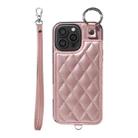 For iPhone 16 Pro Max Rhombic Texture Card Bag Phone Case with Short Lanyard(Rose Gold) - 1