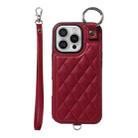 For iPhone 16 Pro Rhombic Texture Card Bag Phone Case with Short Lanyard(Wine Red) - 1