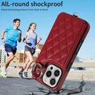 For iPhone 16 Pro Rhombic Texture Card Bag Phone Case with Short Lanyard(Wine Red) - 2