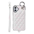 For iPhone 16 Plus Rhombic Texture Card Bag Phone Case with Short Lanyard(White) - 1