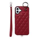 For iPhone 16 Plus Rhombic Texture Card Bag Phone Case with Short Lanyard(Wine Red) - 1