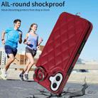 For iPhone 16 Plus Rhombic Texture Card Bag Phone Case with Short Lanyard(Wine Red) - 2