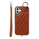 For iPhone 16 Plus Rhombic Texture Card Bag Phone Case with Short Lanyard(Brown) - 1