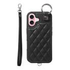 For iPhone 16 Rhombic Texture Card Bag Phone Case with Short Lanyard(Black) - 1