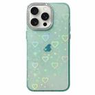 For iPhone 15 Pro Love Pattern Diamond Lens Frame IMD Acrylic Phone Case(Green) - 1