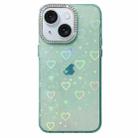 For iPhone 15 Love Pattern Diamond Lens Frame IMD Acrylic Phone Case(Green) - 1