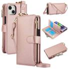 For iPhone 15 Plus Crossbody Ring Multifunctional Wallet Leather Phone Case(Rose Gold) - 1