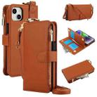 For iPhone 15 Plus Crossbody Ring Multifunctional Wallet Leather Phone Case(Brown) - 1