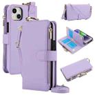 For iPhone 14 Plus Crossbody Ring Multifunctional Wallet Leather Phone Case(Purple) - 1