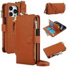 For iPhone 13 Pro Max Crossbody Ring Multifunctional Wallet Leather Phone Case(Brown) - 1