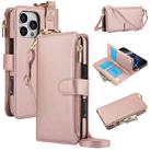 For iPhone 16 Pro Crossbody Ring Multifunctional Wallet Leather Phone Case(Rose Gold) - 1