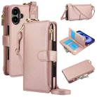 For iPhone 16 Plus Crossbody Ring Multifunctional Wallet Leather Phone Case(Rose Gold) - 1