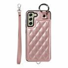 For Samsung Galaxy S21 FE 5G Rhombic Texture Card Bag Phone Case with Short Lanyard(Rose Gold) - 1