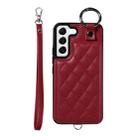 For Samsung Galaxy S22 5G Rhombic Texture Card Bag Phone Case with Short Lanyard(Wine Red) - 1