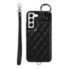 For Samsung Galaxy S22 5G Rhombic Texture Card Bag Phone Case with Short Lanyard(Black) - 1