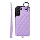 For Samsung Galaxy S22+ 5G Rhombic Texture Card Bag Phone Case with Short Lanyard(Purple) - 1